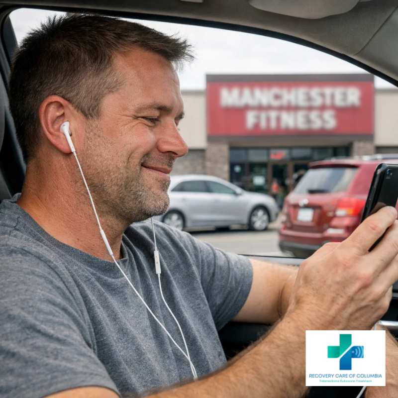 A man attending an online Suboxone telemedicine appointment while parked in his car in Manchester, Tennessee