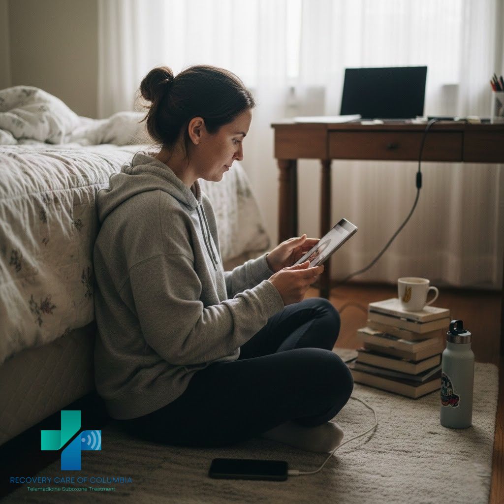 Young woman in bedroom attending virtual Suboxone telehealth appointment, showing safe and private opioid addiction treatment in Tennessee.