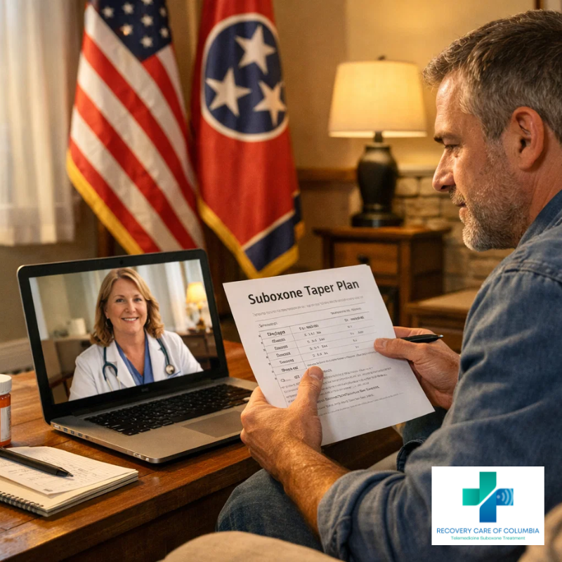 Patient discussing a Suboxone taper schedule with a medical provider via telemedicine in Tennessee