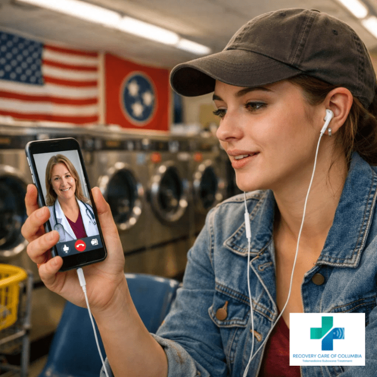 Patient attending telehealth addiction treatment appointment