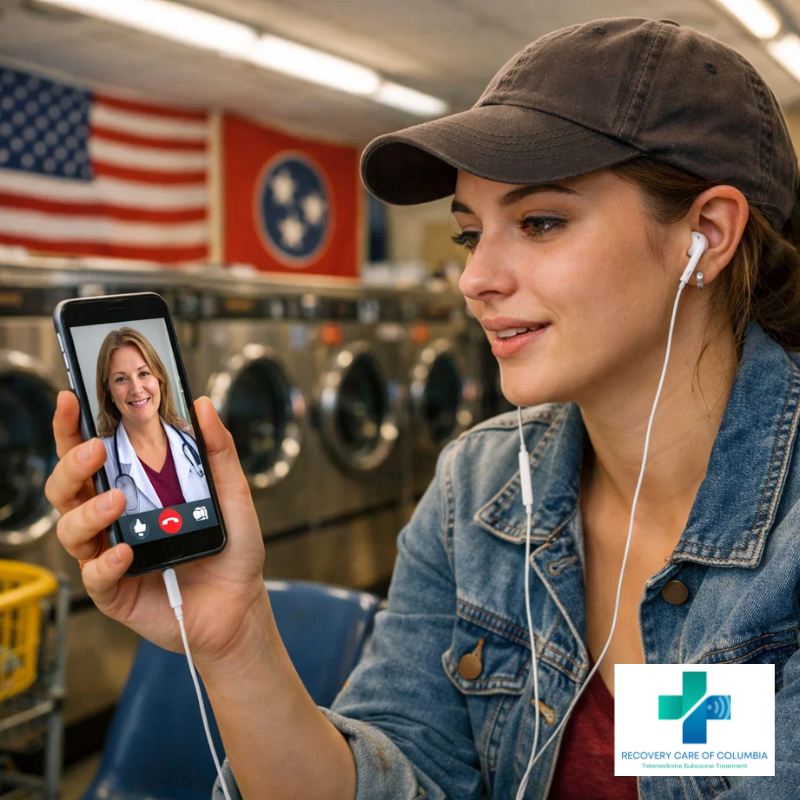 Patient attending telehealth addiction treatment appointment