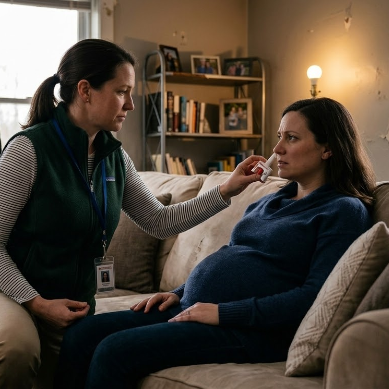 Pregnant woman receiving emergency Narcan overdose treatment safely