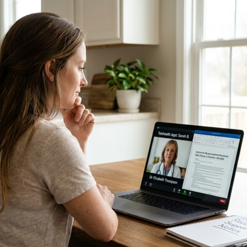 Woman in Tennessee reviewing Suboxone side effects information during a private telemedicine visit