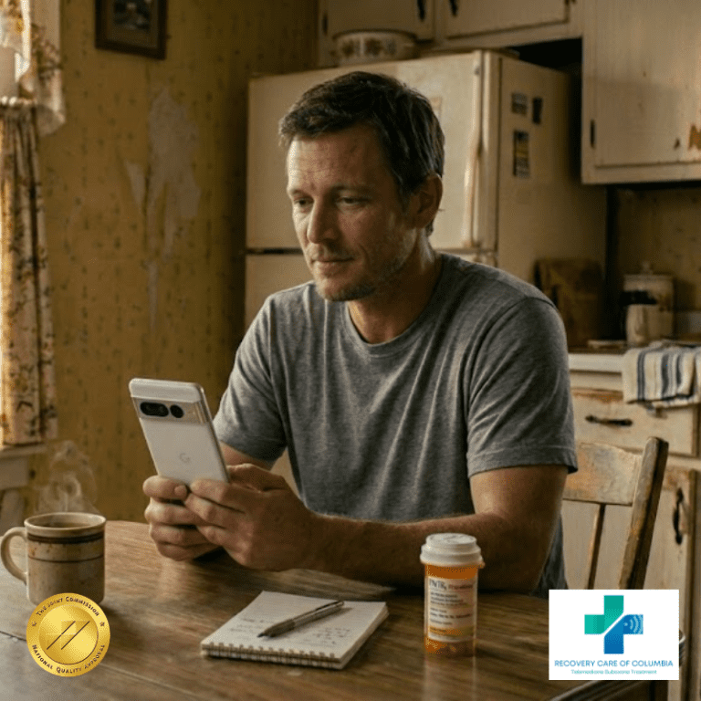 A man in his early 40s sitting at a kitchen table in a modest rural Tennessee home, holding a smartphone displaying a live video call with a licensed addiction medicine doctor, with a look of cautious relief on his face