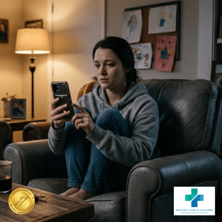 A woman in her late 30s sitting on a couch in a modest rural Tennessee home, looking at her smartphone with cautious hope during a virtual telemedicine video call with an addiction medicine provider