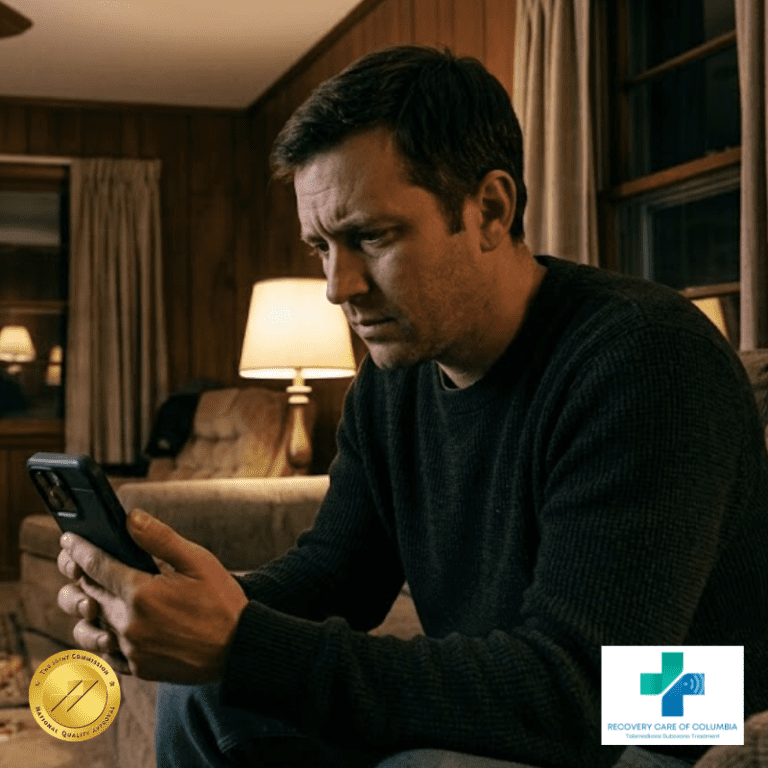 A man in his 30s sitting on a couch in a rural Tennessee home, holding a smartphone showing a telemedicine video call with a doctor