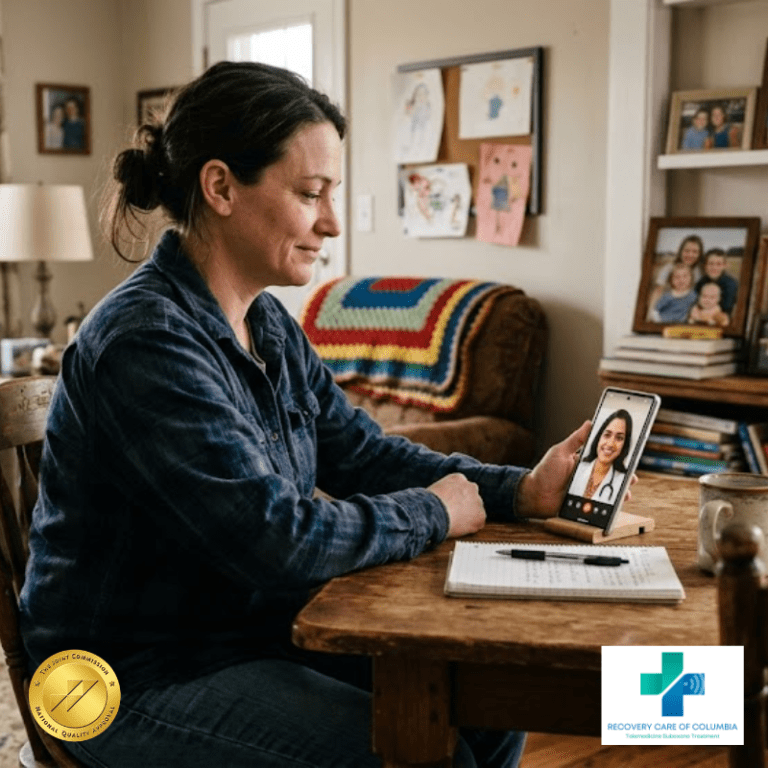 A person in rural Tennessee receiving a virtual Suboxone consultation from their phone at home