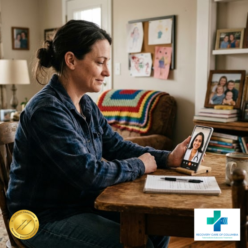 A person in rural Tennessee receiving a virtual Suboxone consultation from their phone at home