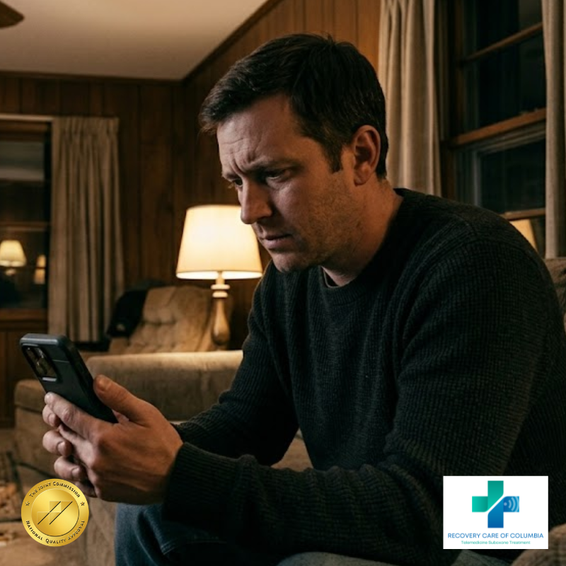 A man in his 30s sitting on a couch in a rural Tennessee home, holding a smartphone showing a telemedicine video call with a doctor