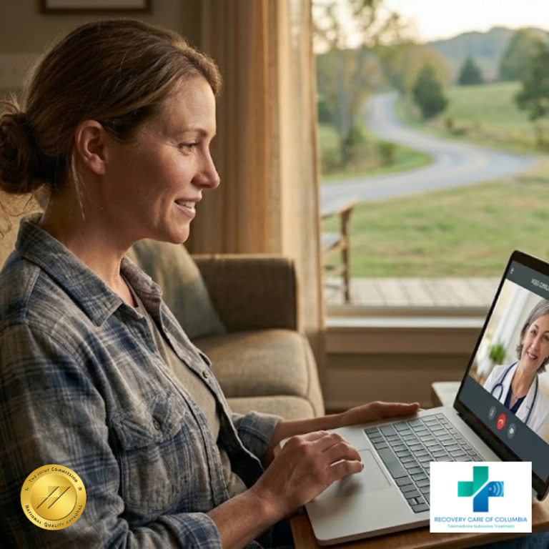 Tennessee adult using a laptop at home for a virtual Suboxone treatment appointment covered by Medicare Advantage