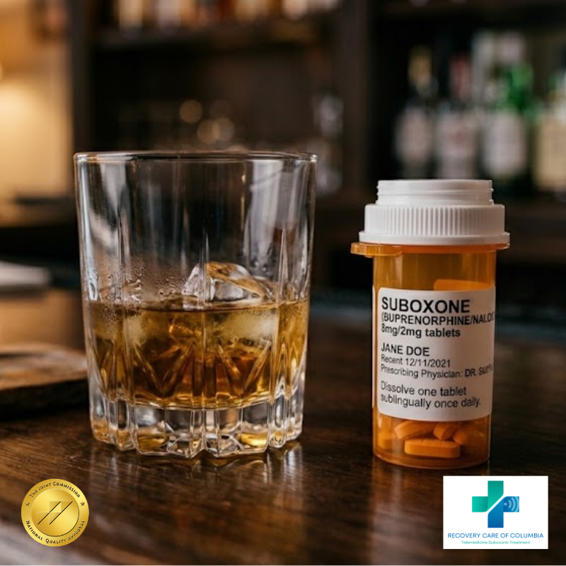 Suboxone medication beside a glass of alcohol illustrating the risks of mixing Suboxone and alcohol