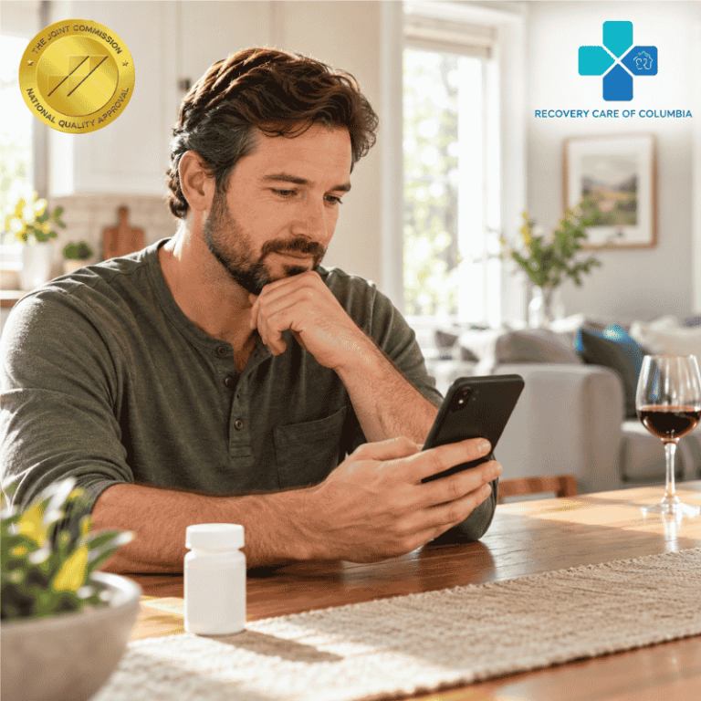 Patient reviewing medication safety information with an untouched glass of wine nearby.