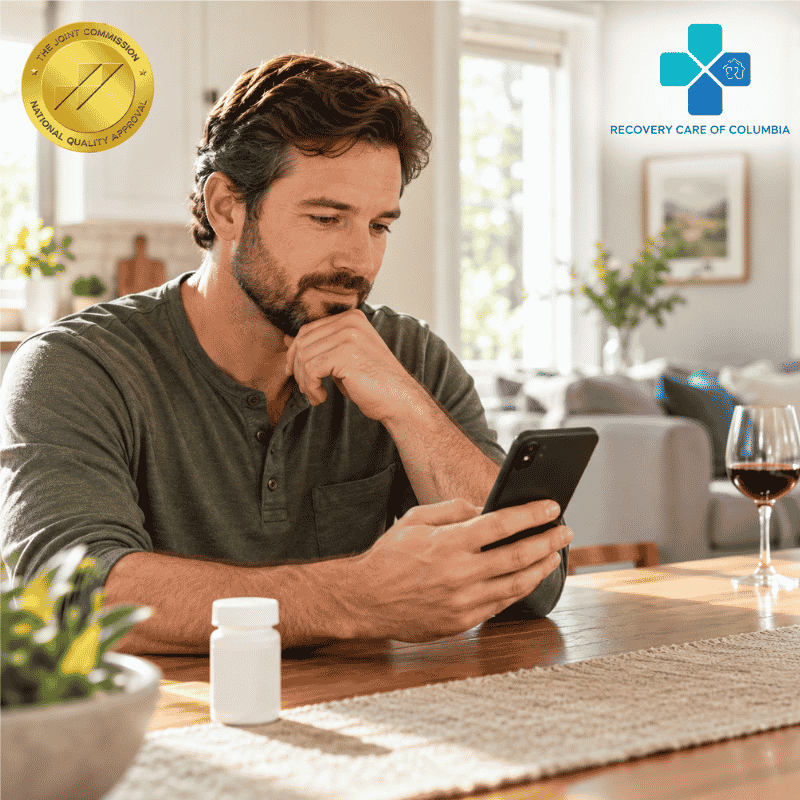 Patient reviewing medication safety information with an untouched glass of wine nearby.