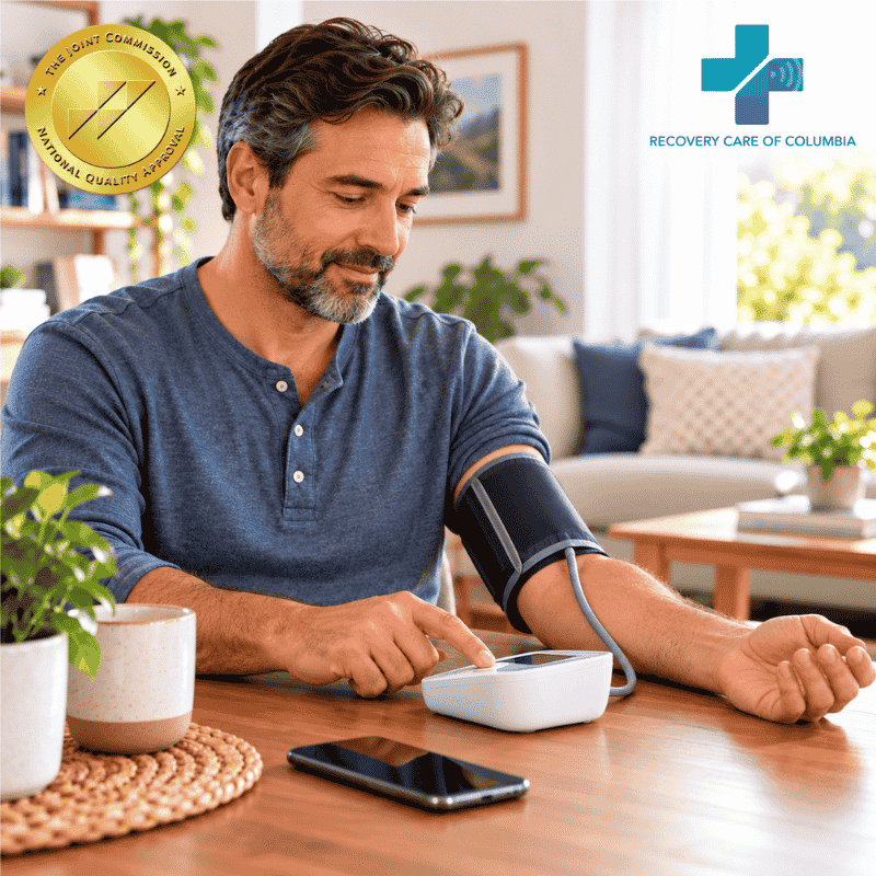 Patient checking blood pressure at home while receiving Suboxone treatment