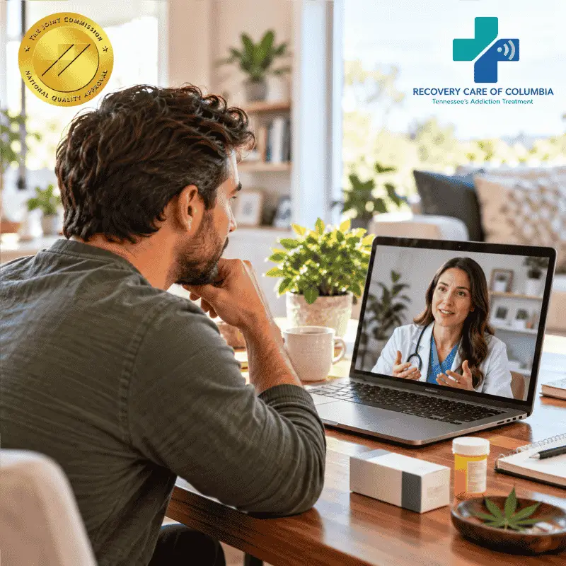Patient discussing cannabis use and Suboxone medication safety during a telemedicine appointment.