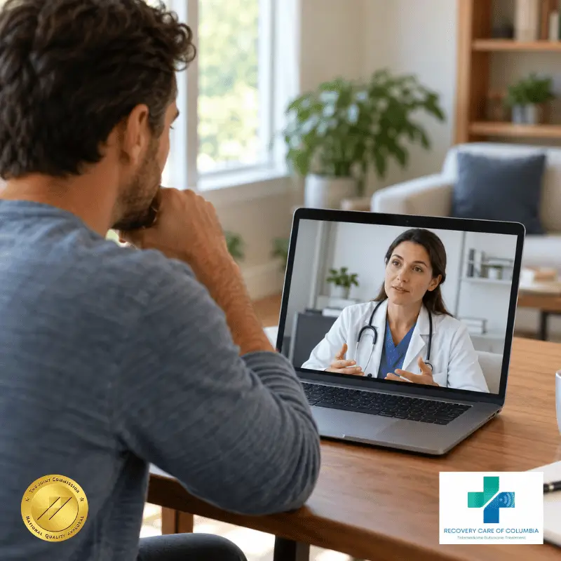 Patient discussing Suboxone treatment and opioid-blocking effects during a telemedicine appointment.