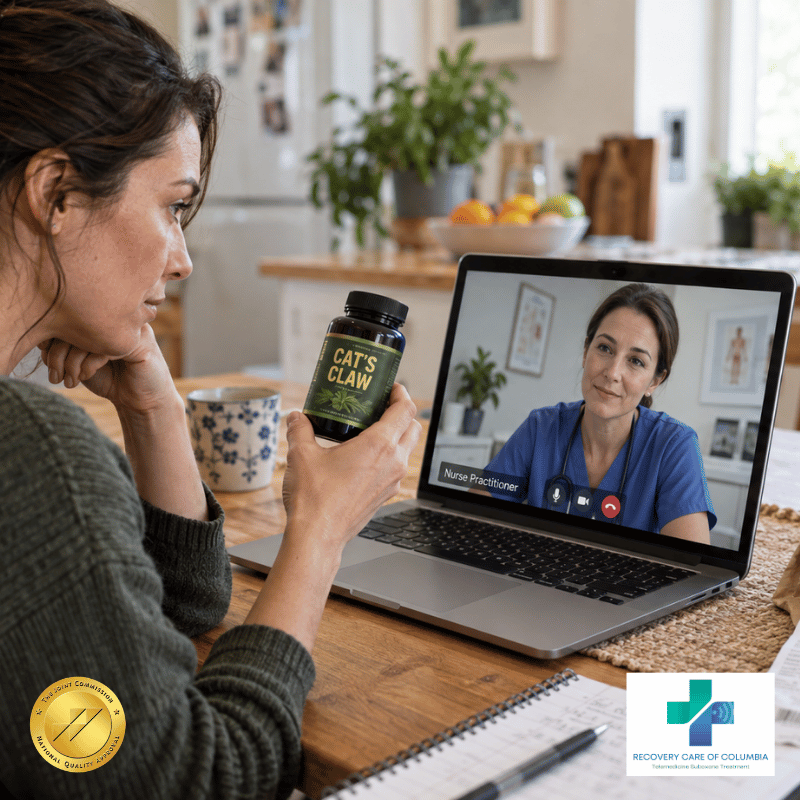 Patient checking the label on an herbal supplement during a telemedicine appointment for cats claw addiction.