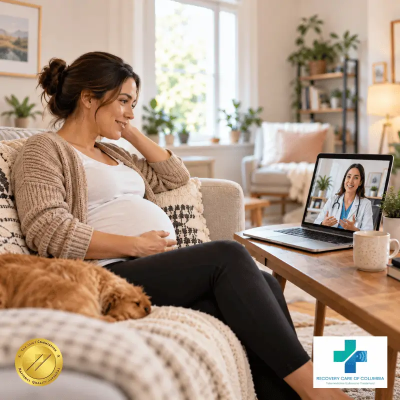 Pregnant patient speaking with a healthcare provider during a telemedicine appointment.